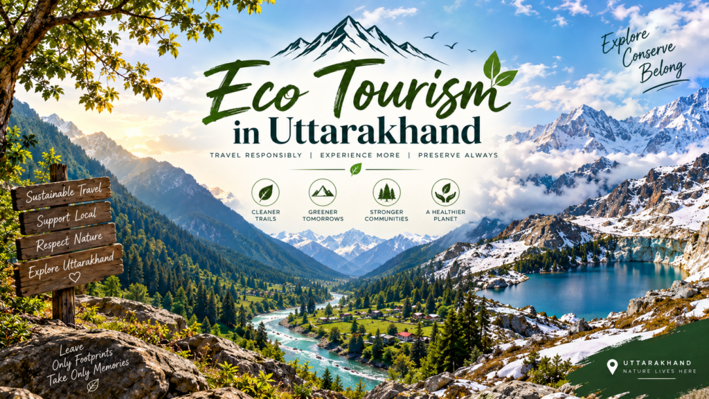 Eco tourism in Uttarakhand with the best destinations, sustainable travel practices, homestays, village experiences, responsible trekking and nature-based activities.