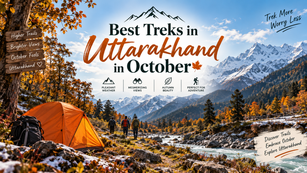 Best treks in Uttarakhand in October, including Har Ki Dun, Kedarkantha, Dayara Bugyal, Kuari Pass, Chandrashila and Ali Bedni Bugyal.