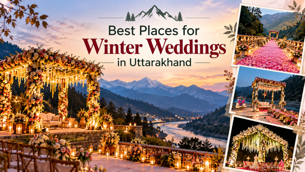 Best places for winter weddings in Uttarakhand, including Auli, Jim Corbett, Dehradun, Lansdowne and Ranikhet, with venue ideas and planning tips.